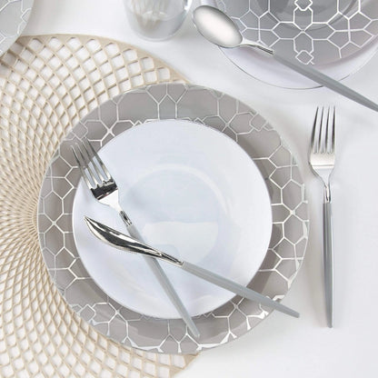 Round White • Silver Plastic Small Plates | 10 Pack